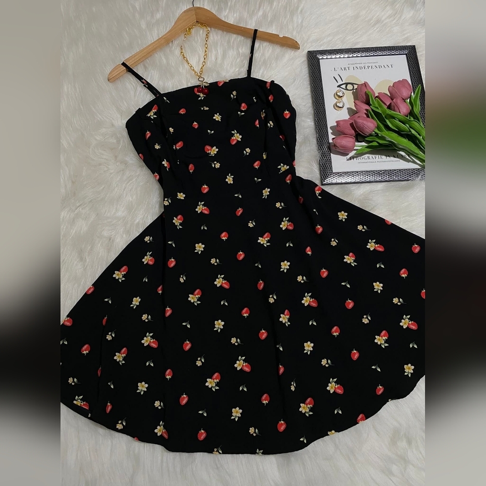 Black Strawberry Print Mini A-Line Dress